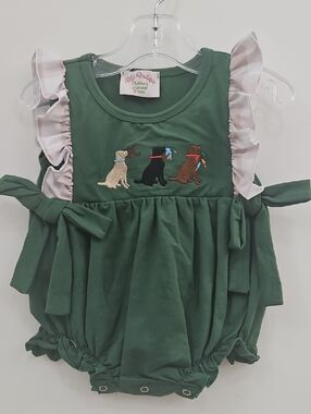 Green Ruffle Baby Bubble with Embroidered Puppies